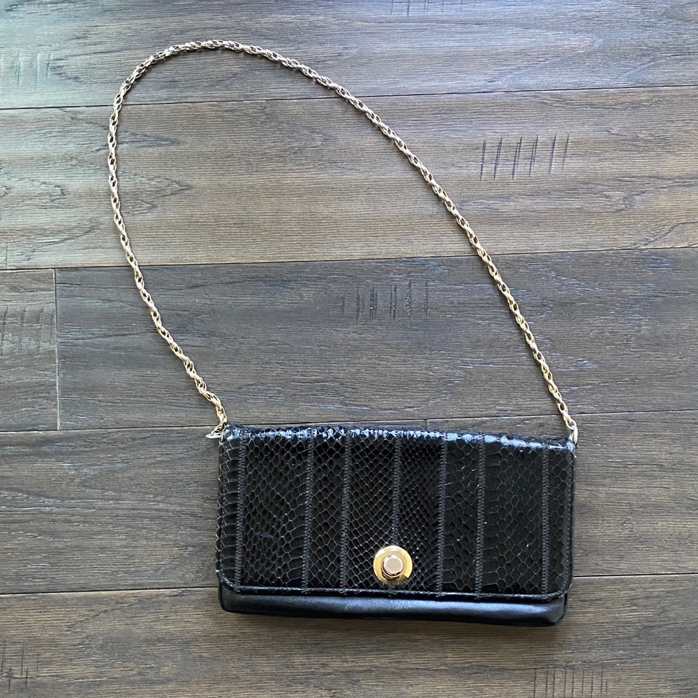 Vintage Adrian Gold Black Chain Strap Clutch Purse Leather 70s Reptile